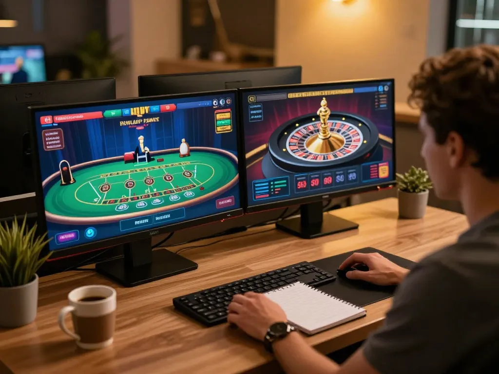Engaging online gaming scene with B52 strategy notes and vibrant casino interfaces, promoting responsible gambling.