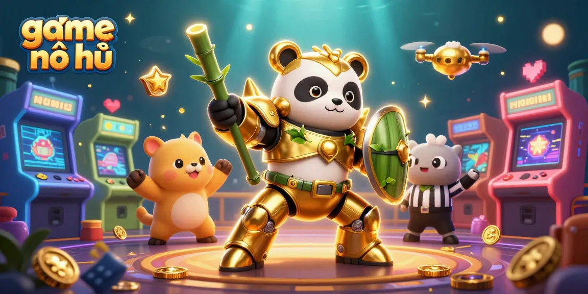 Engage with the vibrant game nổ hũ scene featuring a golden panda in a mech-suit surrounded by arcade machines and cheering animals.