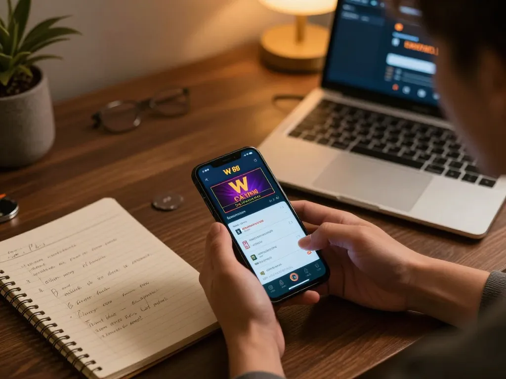 W 88 app user actively engaging in online casino gaming on smartphone in a cozy home environment.