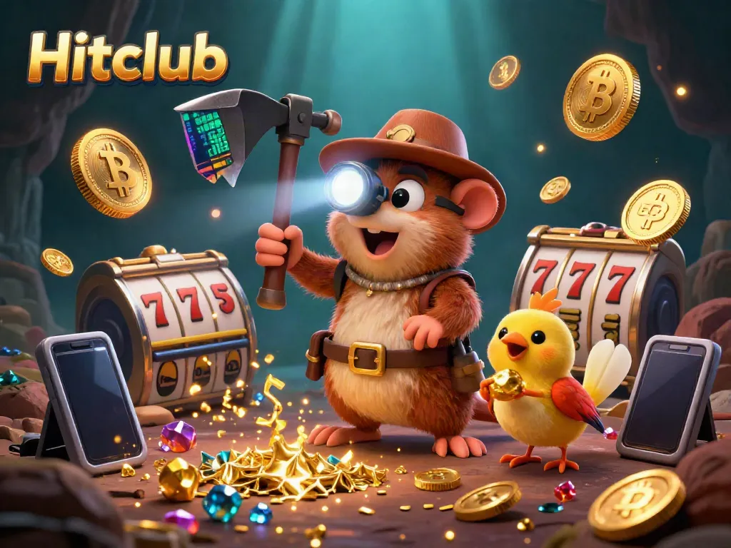Experience the excitement of Hitclub in this vibrant 3D scene featuring a treasure hunter mole and dynamic casino elements.
