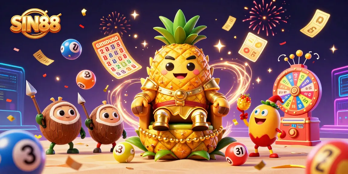 SIN88's colorful beach casino scene showcases winning moments, vibrant characters, and dynamic elements.