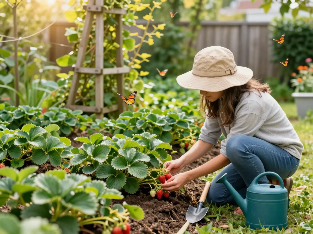 A gardener inspecting ripe strawberries while shopping for aardbeienplanten kopen in a vibrant garden.