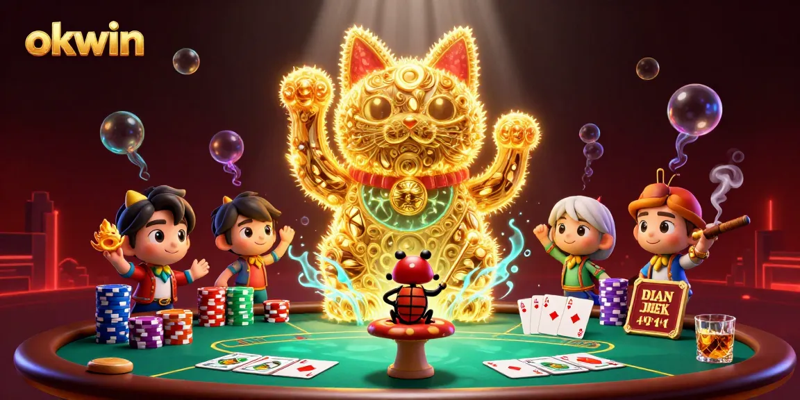 Engage with the exciting world of okwin by experiencing the vibrant casino scene with a giant lucky cat and poker elements.