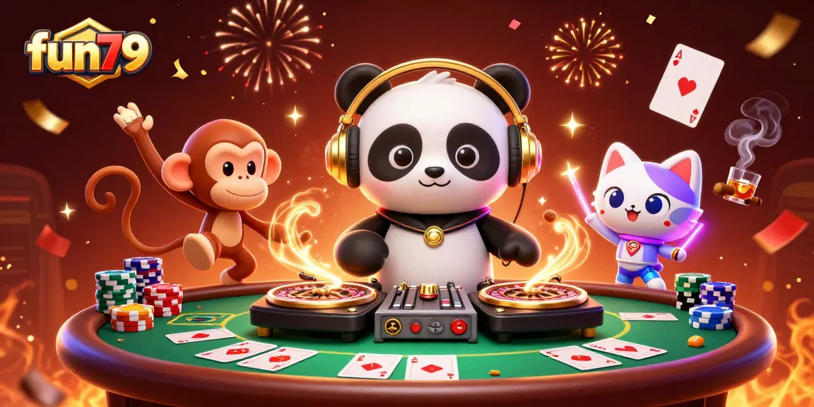 fun79 brings excitement with a DJ panda and friends amidst poker action and vibrant celebrations.