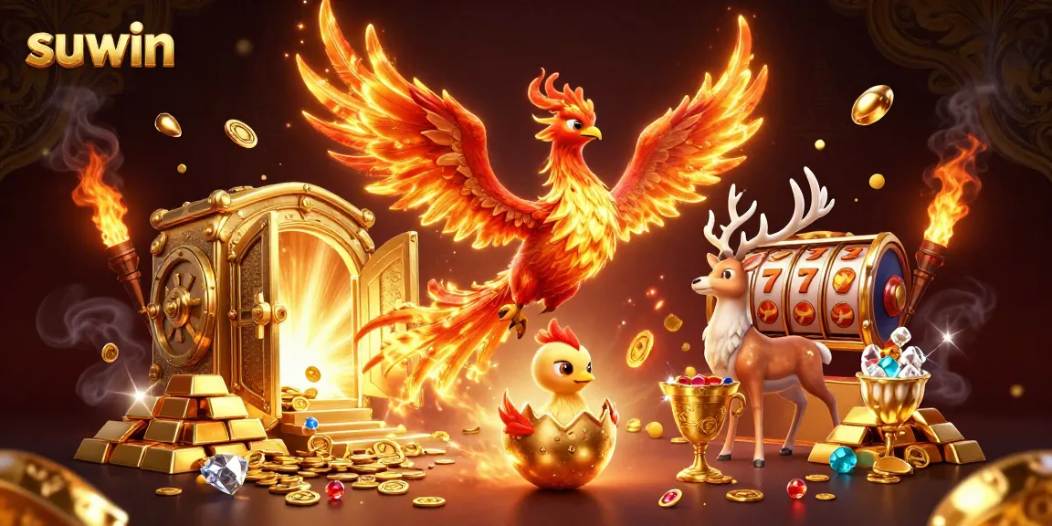 Experience the thrill of winning with suwin's vibrant 3D illustration showcasing a spectacular phoenix and treasure elements.