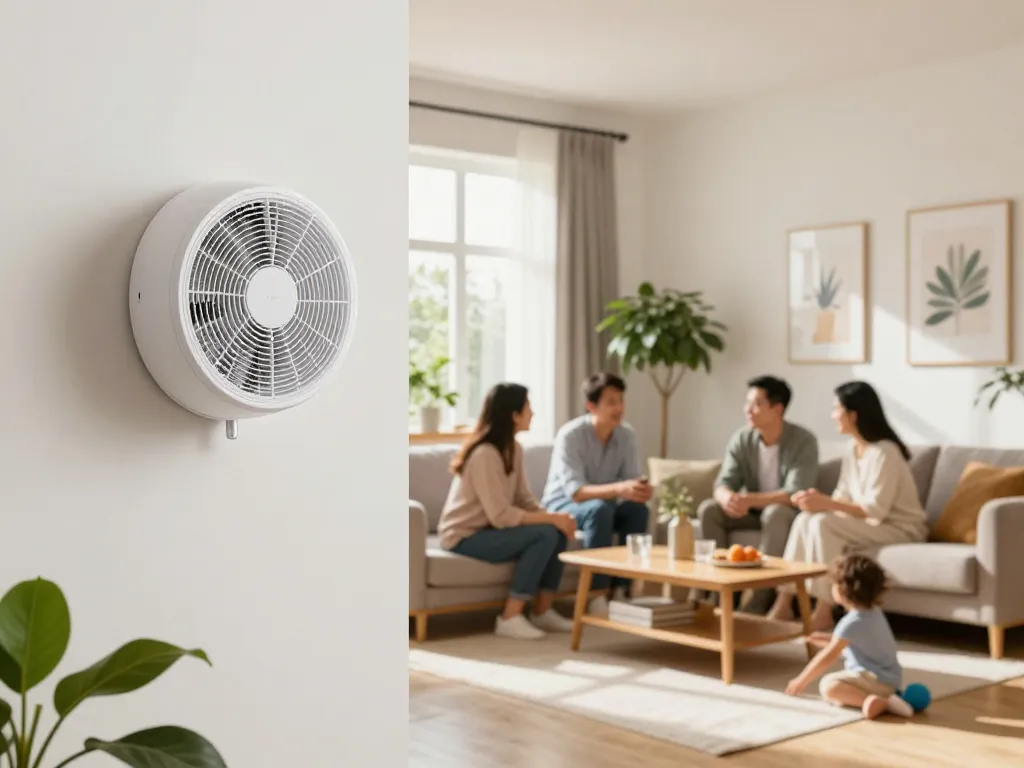 Muurventilator met afstandsbediening in een stijlvolle woonkamer met een gezin dat interactie heeft in een heldere, comfortabele ruimte.