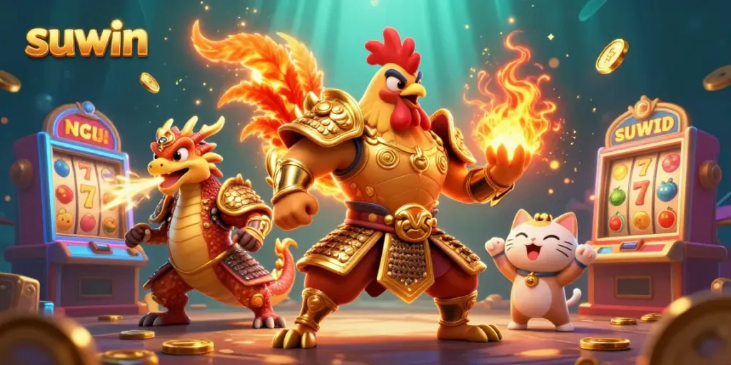 Suwin the fighting rooster warrior celebrates winning in a vibrant casino atmosphere with jackpots.