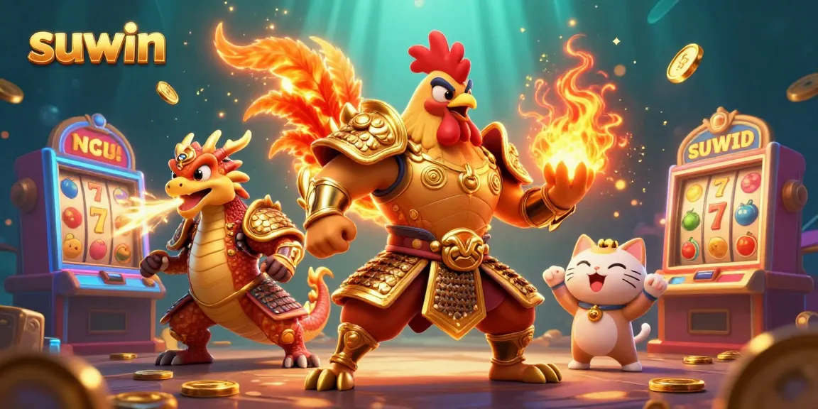 Suwin the fighting rooster warrior celebrates winning in a vibrant casino atmosphere with jackpots.