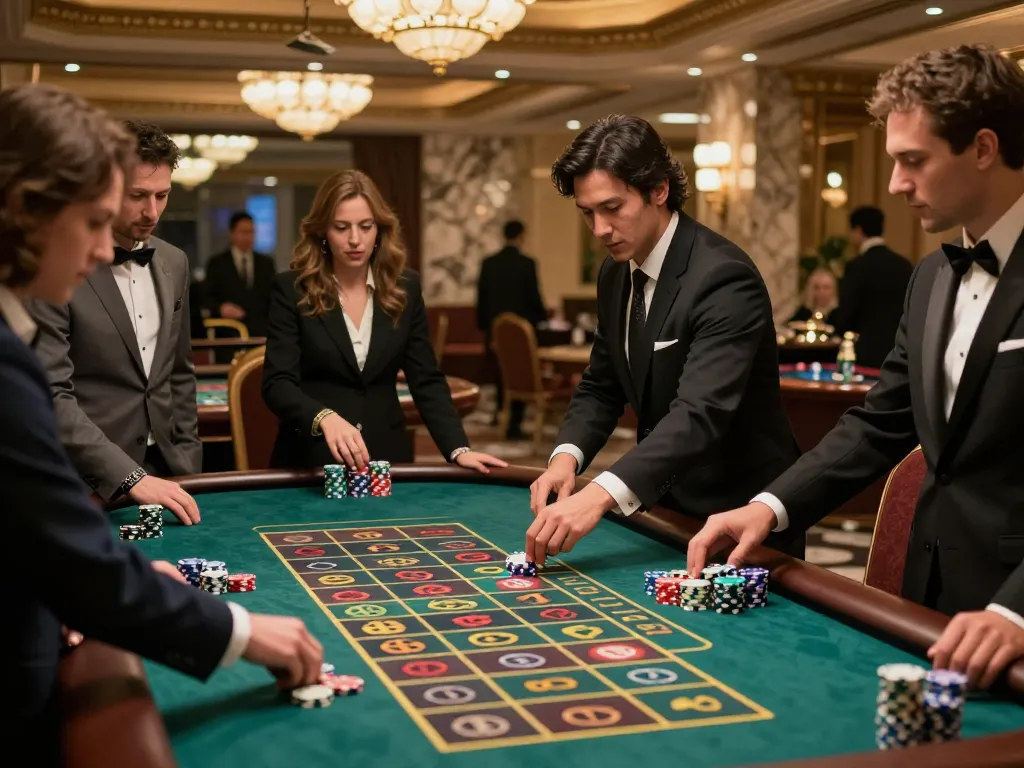 vb88 chính thức roulette gameplay with players placing bets in an elegant casino.