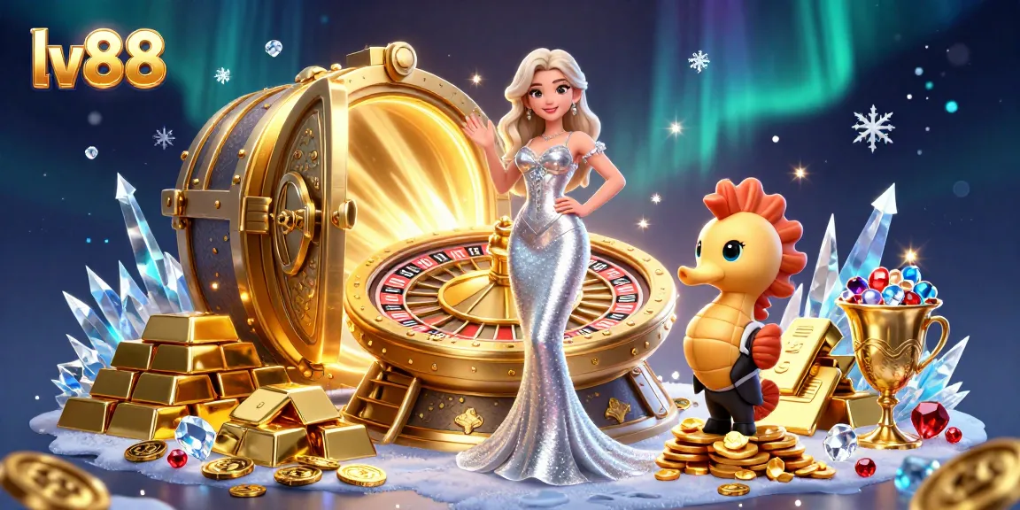 Experience the thrill of LV88 with vibrant casino visuals, showcasing a roulette wheel and dazzling gems.