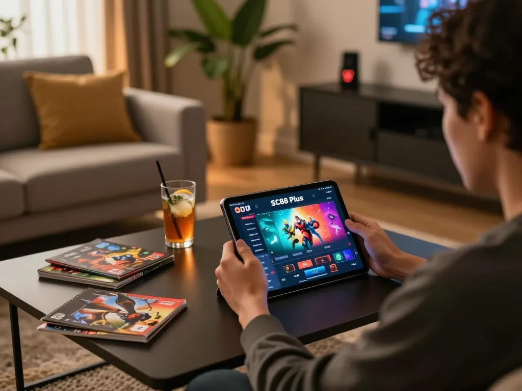 Player actively enjoying SC88 Plus on a sleek tablet, showcasing online casino excitement.