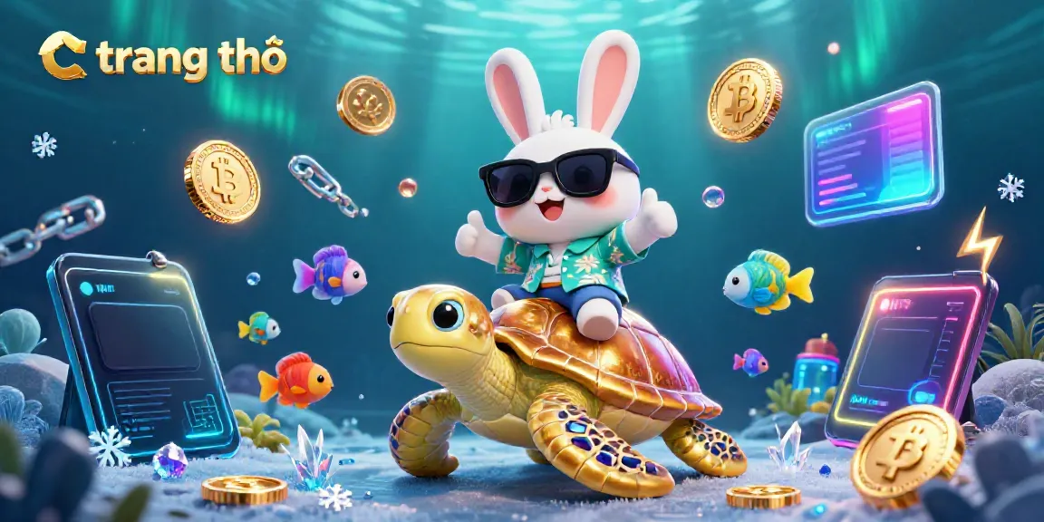 Experience the vibrant "trang chủ" scene with a lucky rabbit and golden turtle amidst floating crypto elements.
