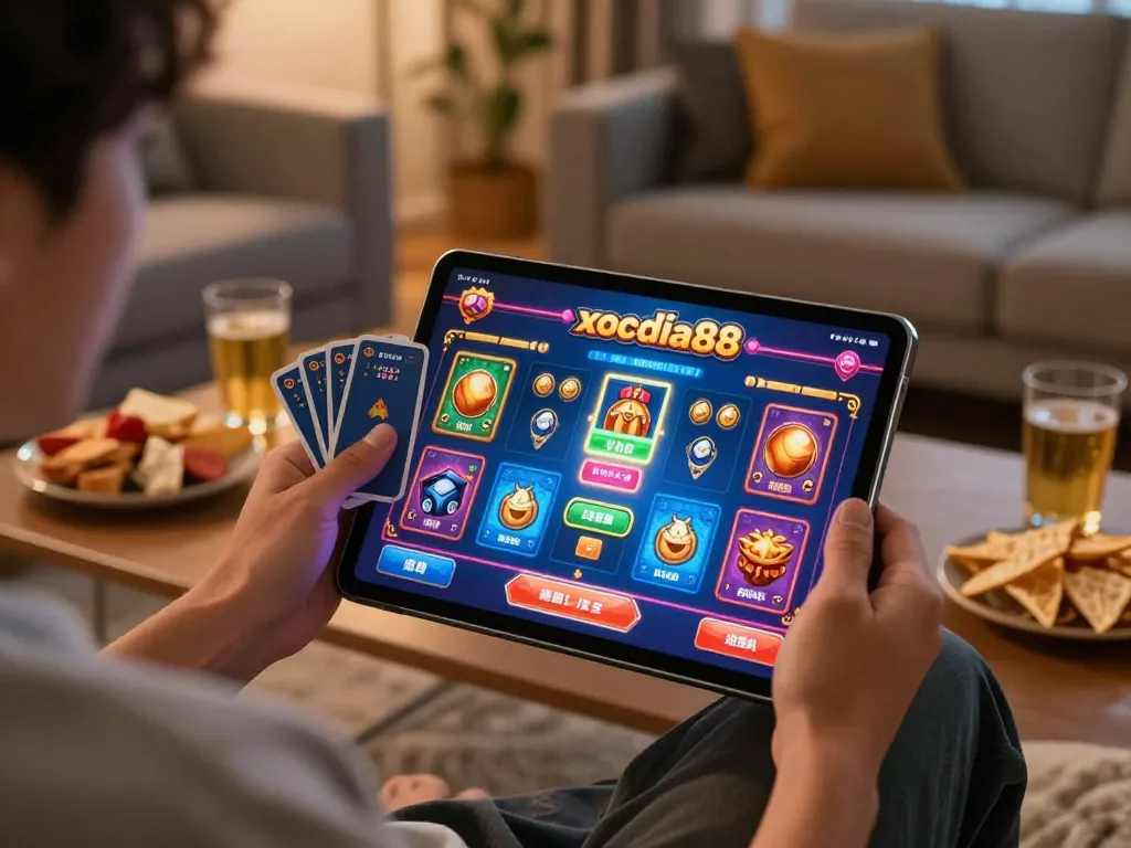 xocdia88 player engaged in online casino gaming with tablet displaying vibrant game graphics.