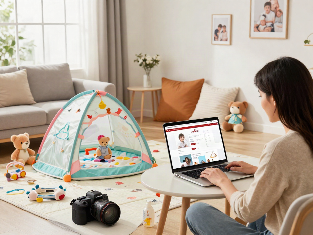 Parent shopping for rokok88 baby products in a cozy living room.
