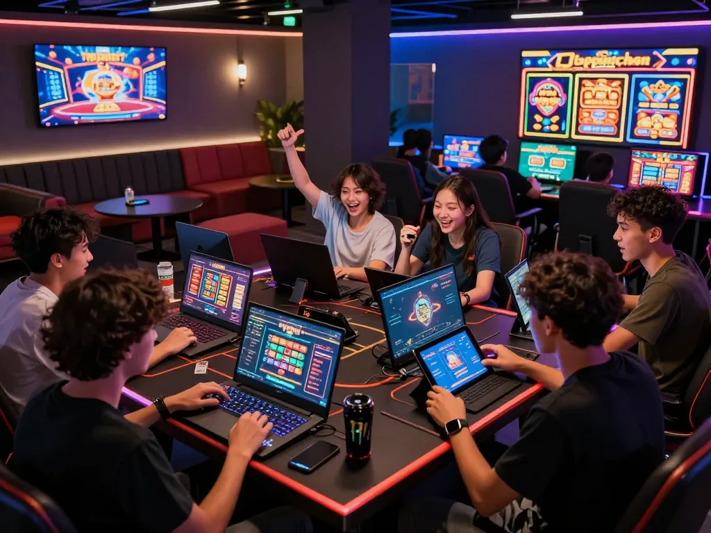Engaging online gaming experience at Cổng game Topbet with players enjoying vibrant games and digital displays.