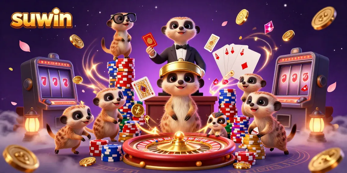 Experience suwin excitement with lively meerkats running a vibrant casino, surrounded by chips and coins.