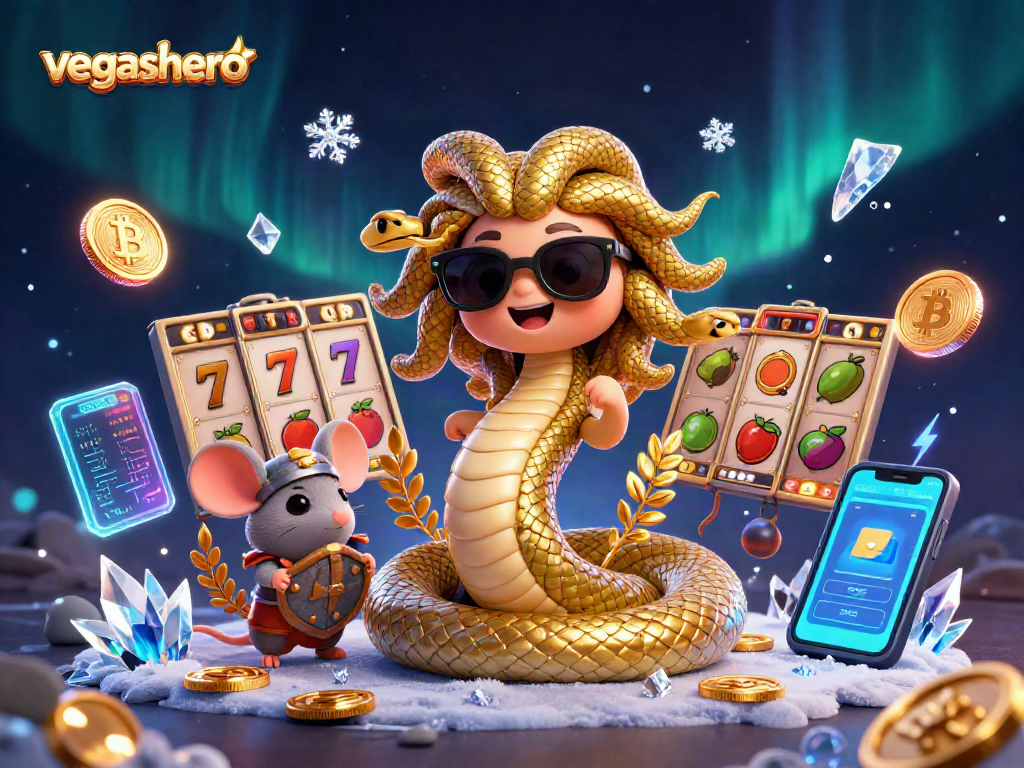Winning at vegashero casino with playful Medusa and warrior mouse among thrilling slot action.