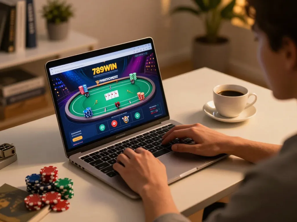 Playing poker on 789WIN online casino setup, vibrant colors and strategic atmosphere