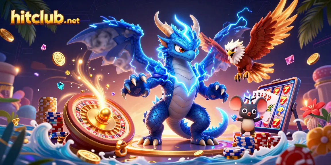 Unleash jackpots and win with hitclub-net's electrifying casino games, featuring a thunder dragon and vibrant elements.