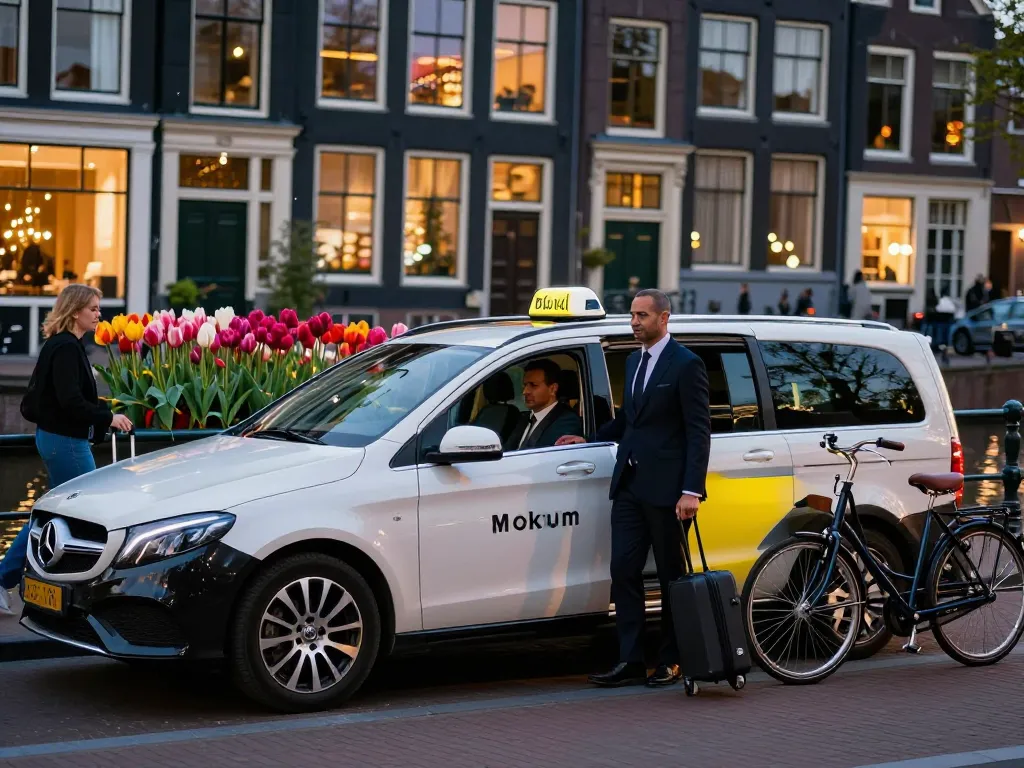 Taxi Amsterdam ervaring met luxe Mercedes voertuig voor schilderachtige grachten.