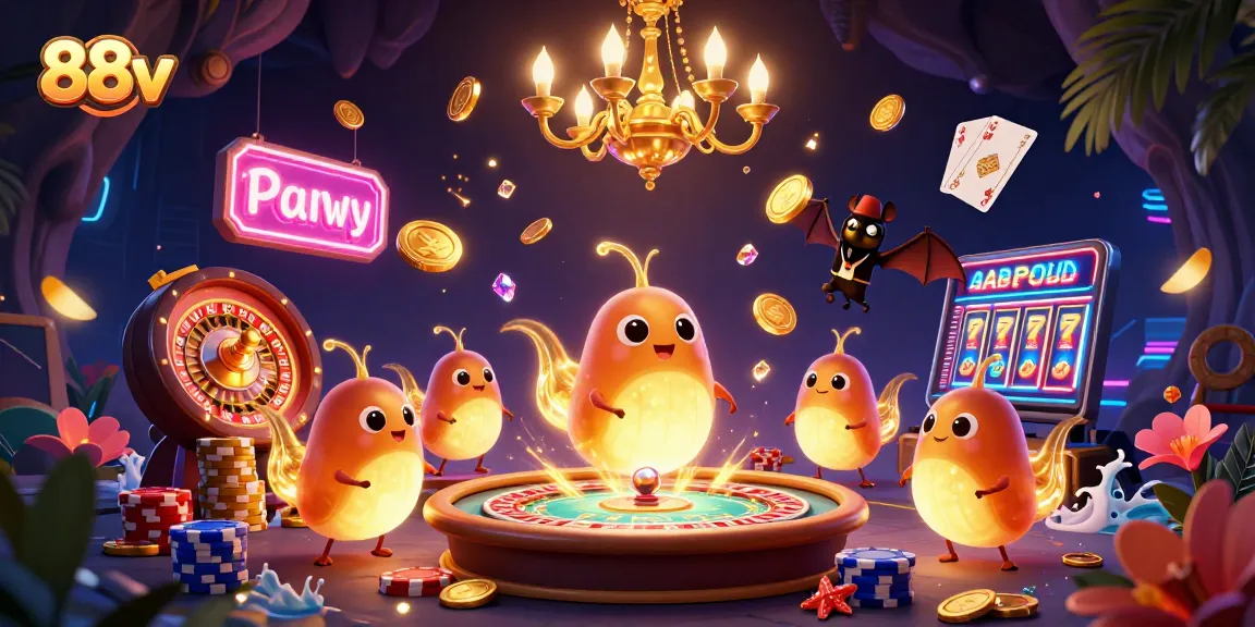Experience the excitement of 88vv casino with glowworms illuminating a vibrant gambling scene.