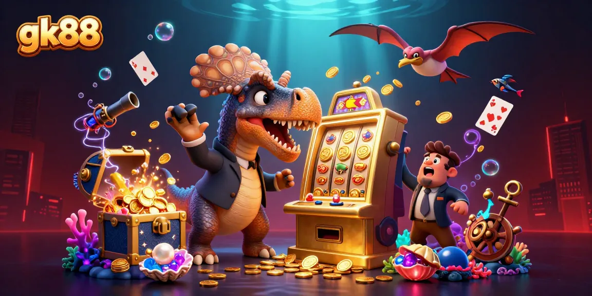 Experience the thrill of gk88 jackpots as a dinosaur heads for golden coins in a vibrant scene.