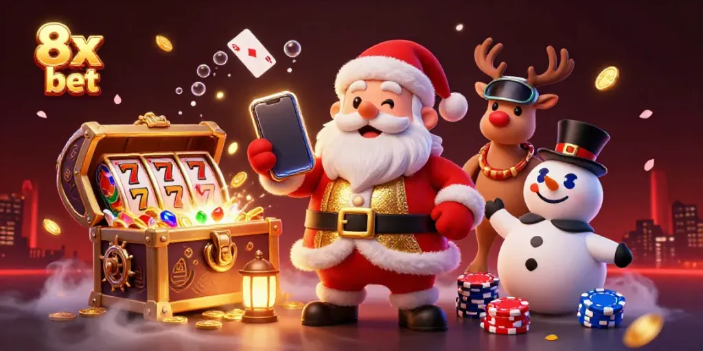Engage with the festive 8x bet scene featuring Santa and friends among casino treasures.