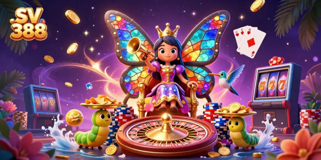 Experience excitement with SV 388 as the butterfly queen presides over casino games and golden chips.