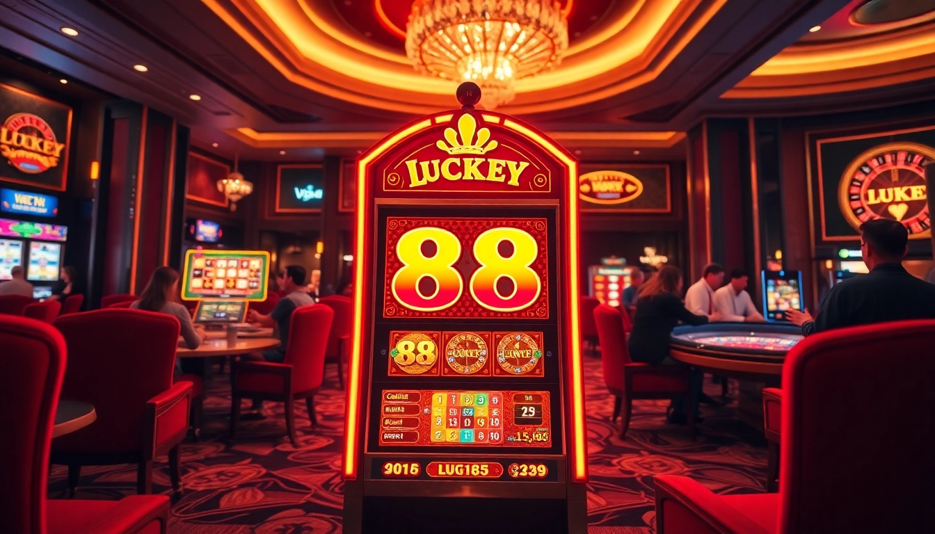 Excited players enjoying the Lucky 88 slot machine in a luxurious casino setting.