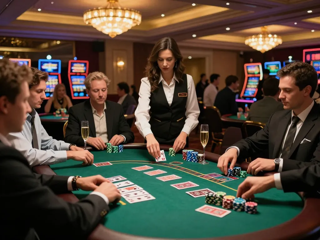 Players strategizing at a high-stakes blackjack table in a luxurious casino, showcasing DA88 gaming excitement.