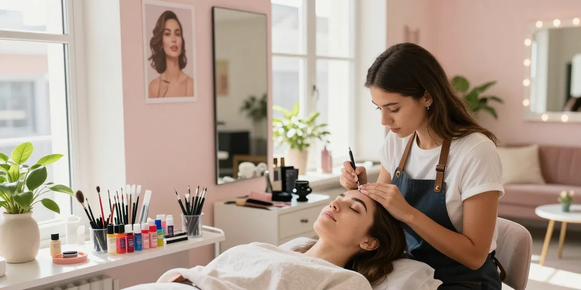 Permanente make-up wenkbrauwen toepassing in een modern schoonheidssalon, met nadruk op transformatie en empowerment.