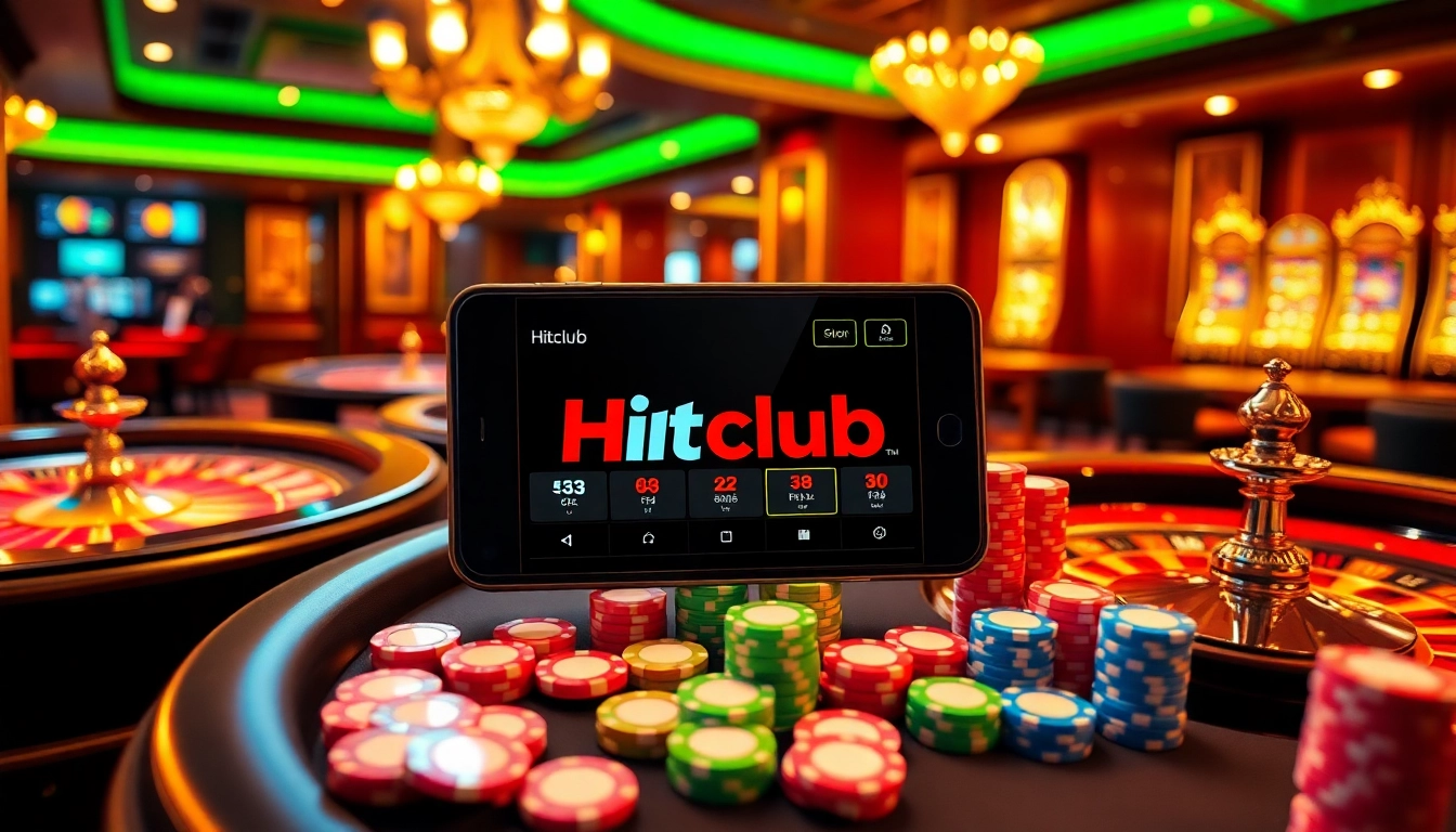 Hitclub app interface displayed on a mobile device in a luxurious casino atmosphere.