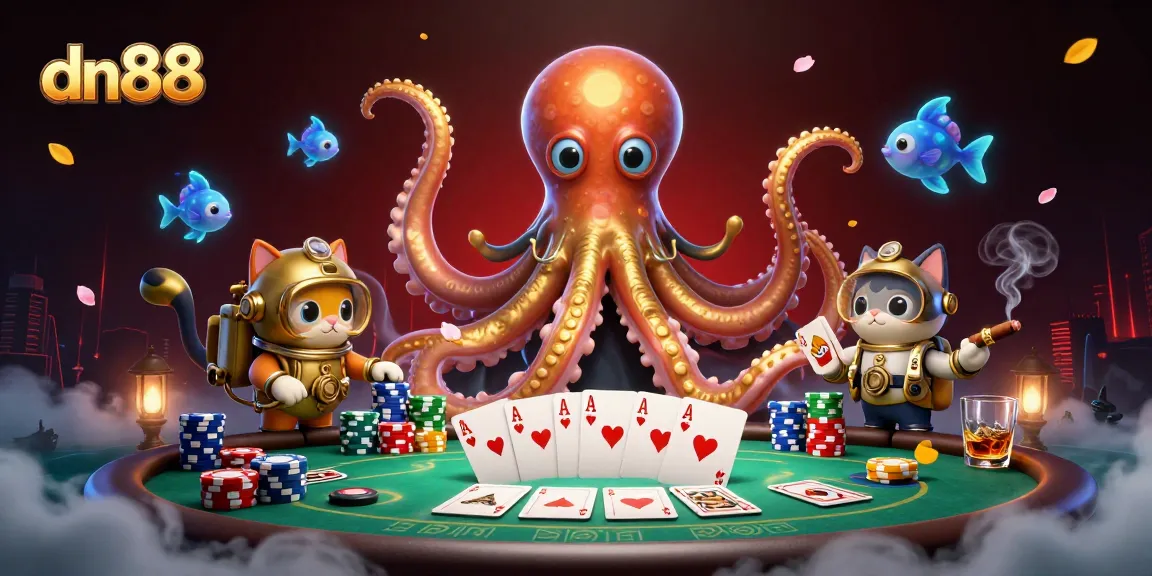 Engage in thrilling gameplay with dn88 amidst kraken's treasure, poker chips, and vibrant sea life.