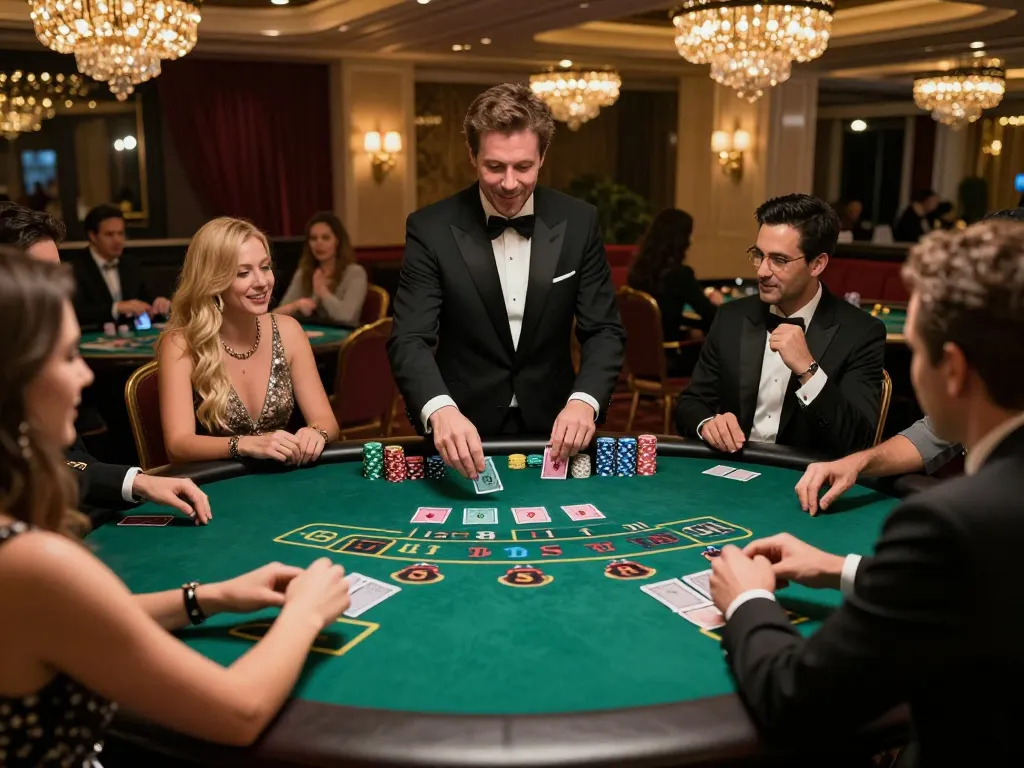 Players enjoying blackjack at SC88 casino with dealer shuffling cards and vibrant atmosphere
