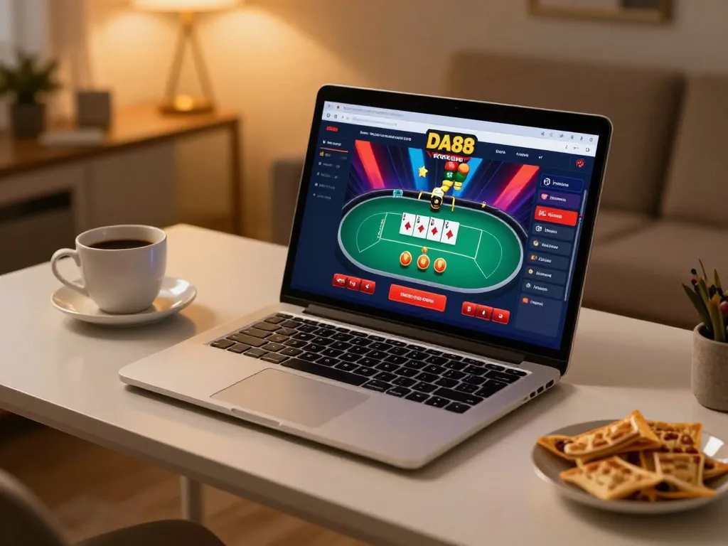 Enjoy playing DA88 poker game online on a stylish desk at home with snacks.