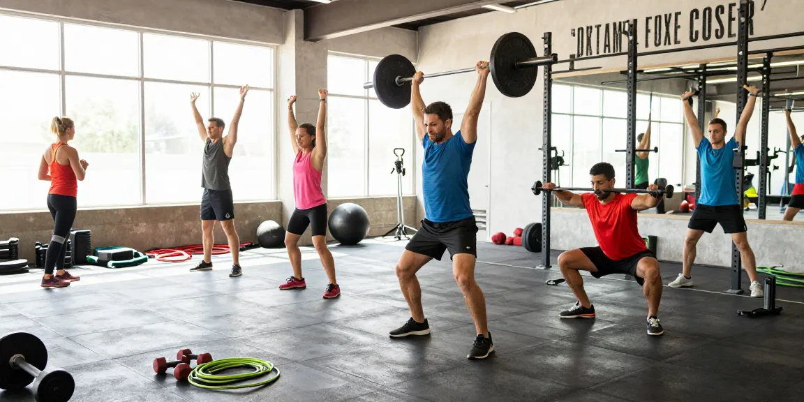 Actieve sportsessies in de Unique Pharma Shop met atleten die trainen met gewichten en yoga beoefenen in een levendige sportschool.