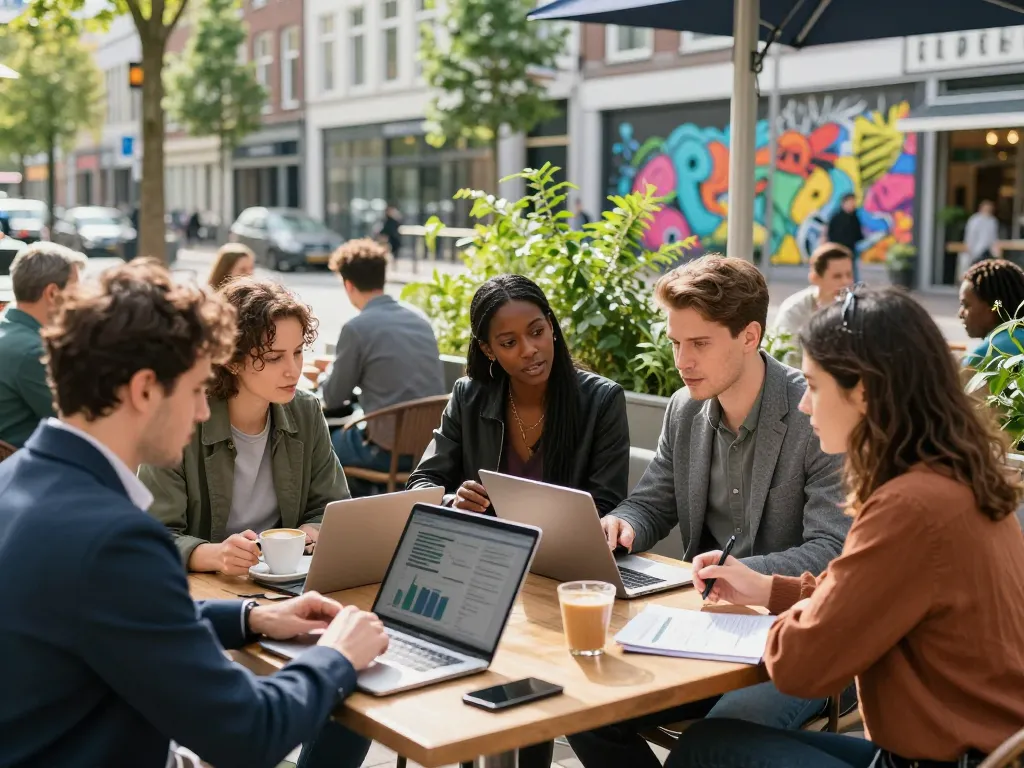 Dynamische bijeenkomst van bedrijven in Utrecht in een modern café met professionals die strategieën bespreken.