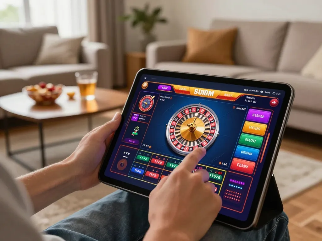 Engaging in Red88 online roulette on a tablet showcasing vibrant gameplay while seated comfortably at home.