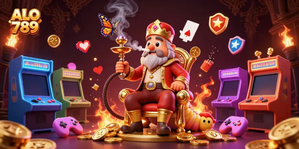 Experience thrilling gameplay in ALO 789's vibrant 3D cartoon casino scene with a hookah-master and gold coins.