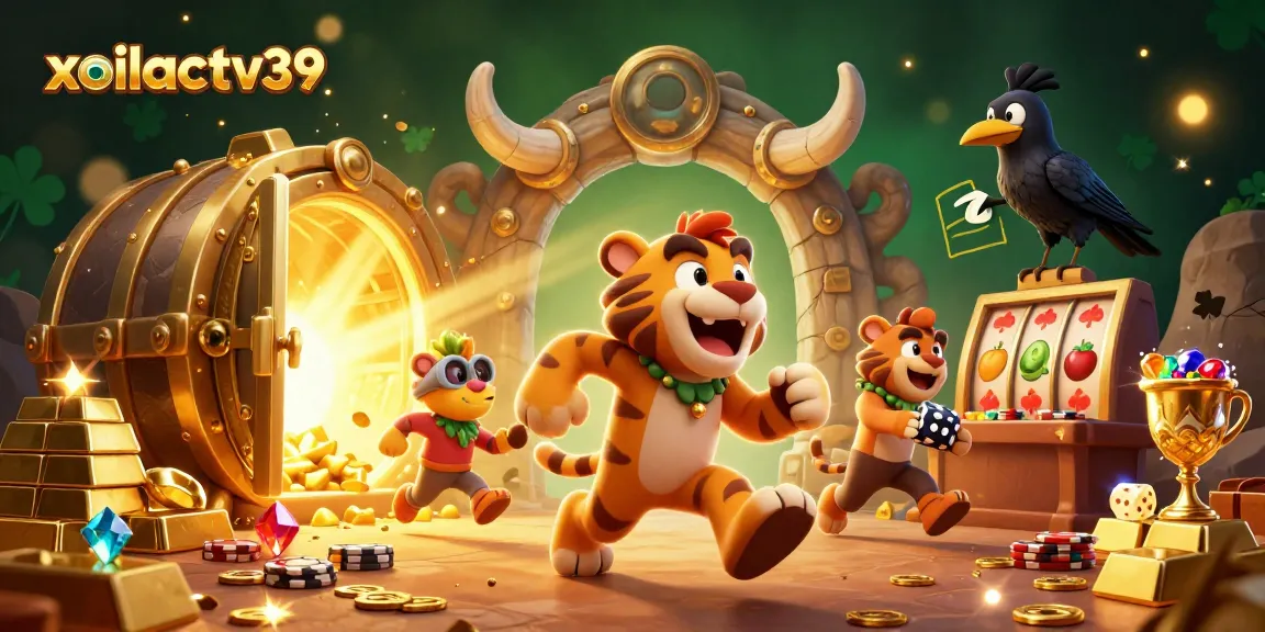 Experience the excitement of xoilactv39 with a caveman duo in a dynamic digital casino illustration.
