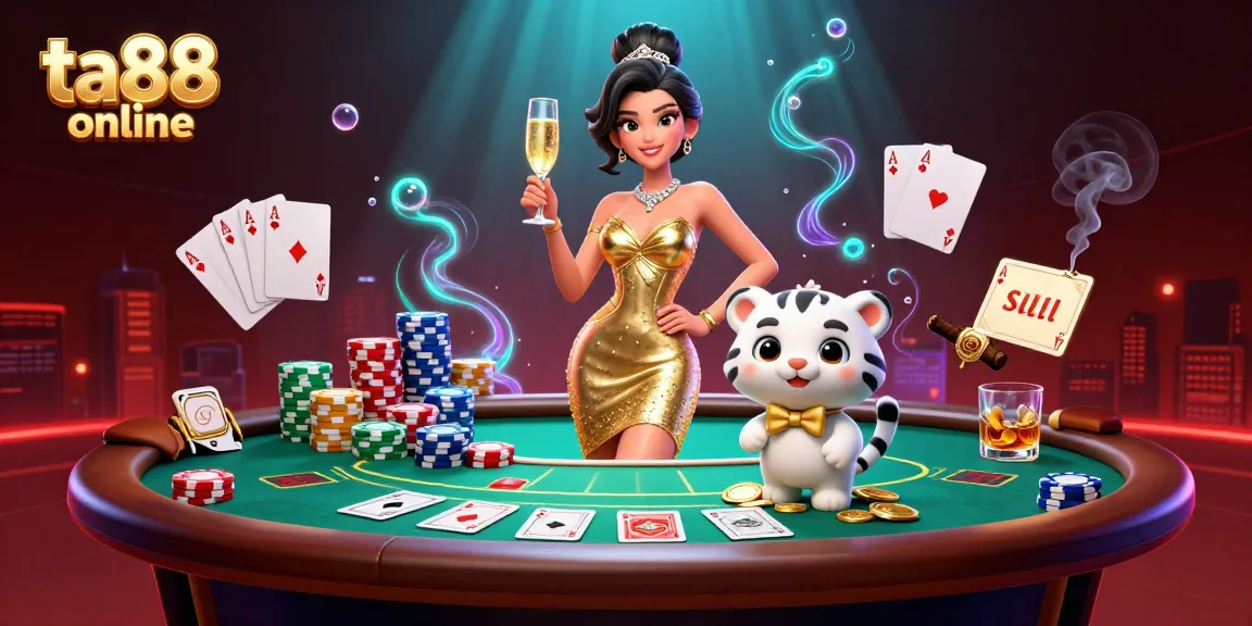 Experience thrilling ta88 online casino action with a glamorous woman and a lucky tiger at a poker table.