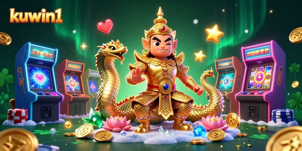 Engage with kuwin1's vibrant casino scene featuring a friendly yaksha guardian and golden Naga serpents.