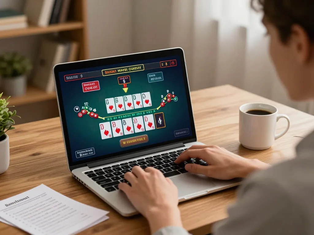 Sunwin player engaged in online blackjack, focusing on strategy with notes and a warm ambiance.