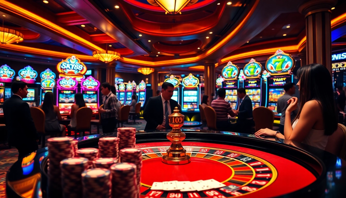SKY88 casino scene featuring an elegant roulette table, poker chips, and vibrant slot machines.