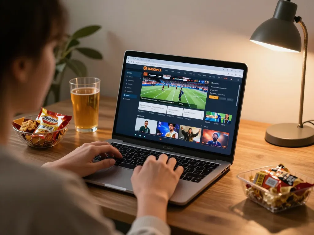 Socolive TV sports streaming on a laptop screen in a cozy home gaming setup.