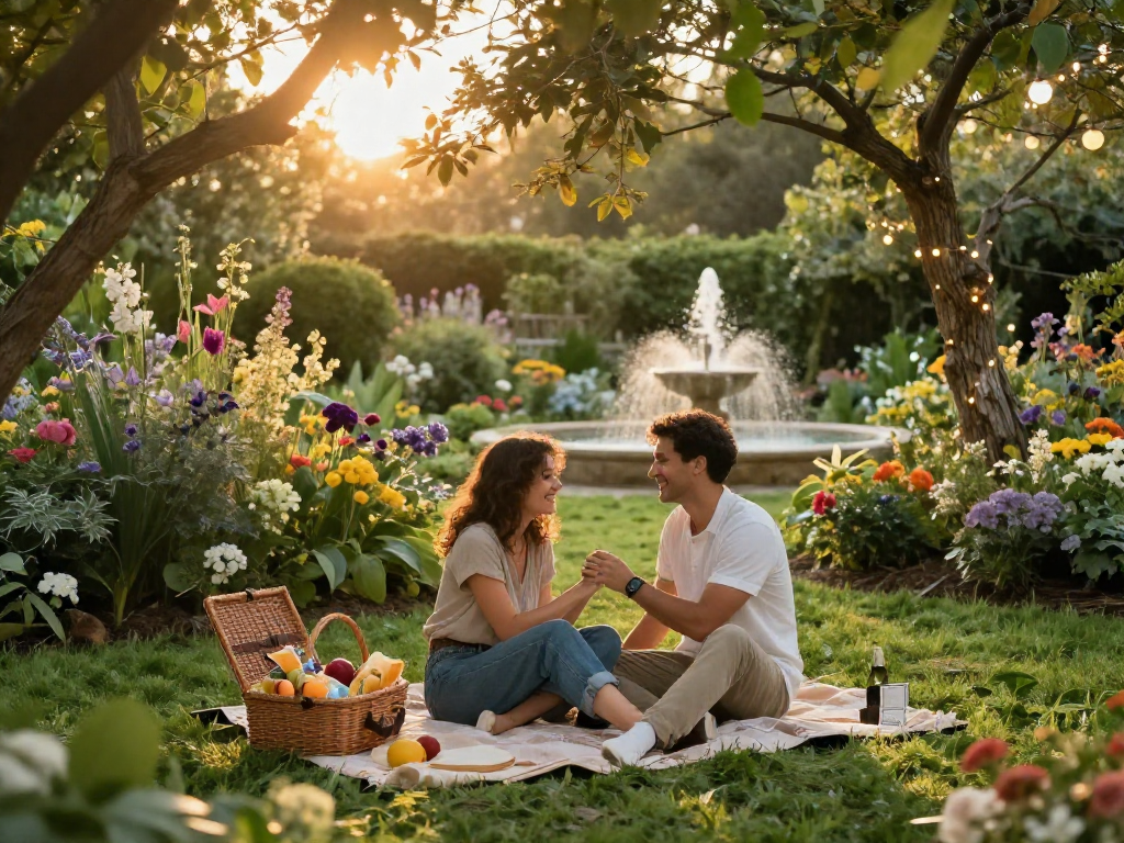 Couple enjoying a picnic in a romantic garden, f168dating experience with laughter and connection.