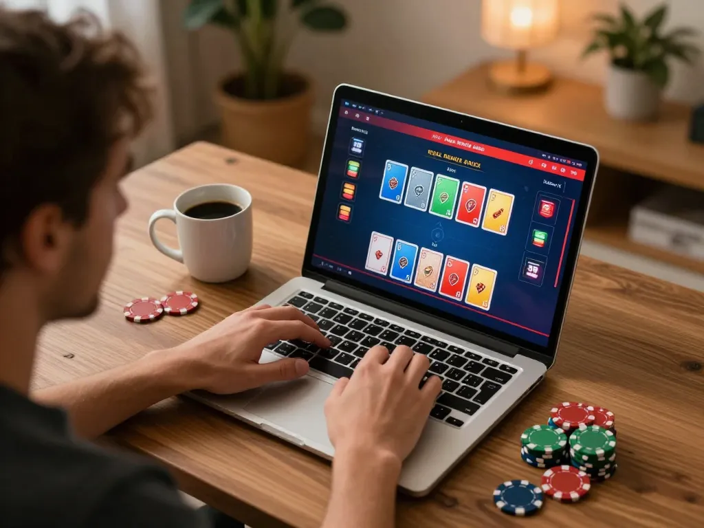 Engaged player experiences strategic online poker at 8kbet in a cozy home setting.