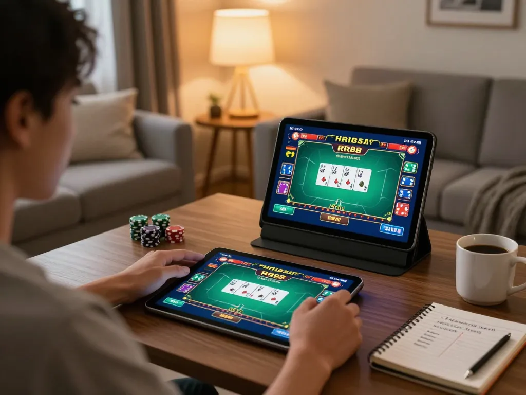 Playing poker on the RR88 online casino using a tablet in a cozy living room setting