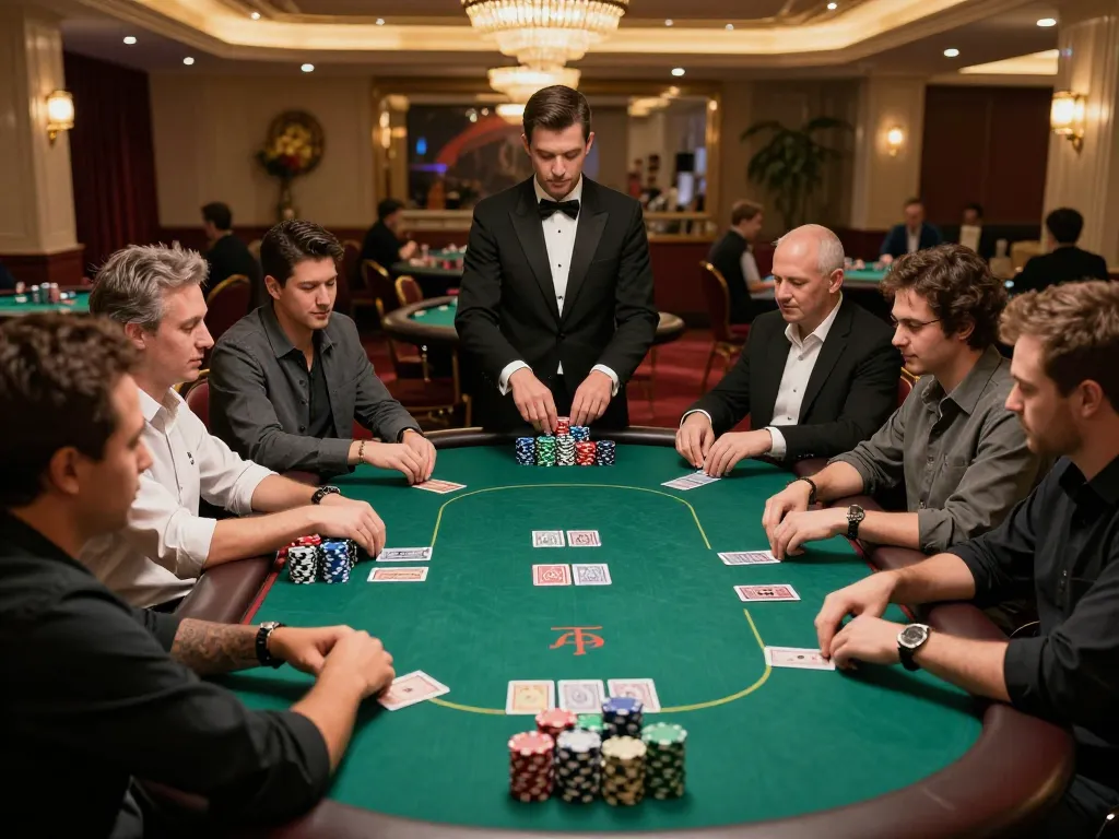 Players engaged in a thrilling poker game at 566 casino, showcasing strategy and camaraderie.