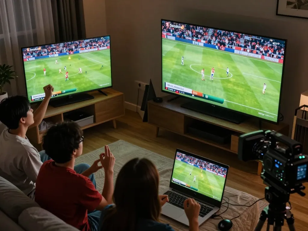 Socolive streaming soccer match highlights with engaged viewers in a cozy atmosphere